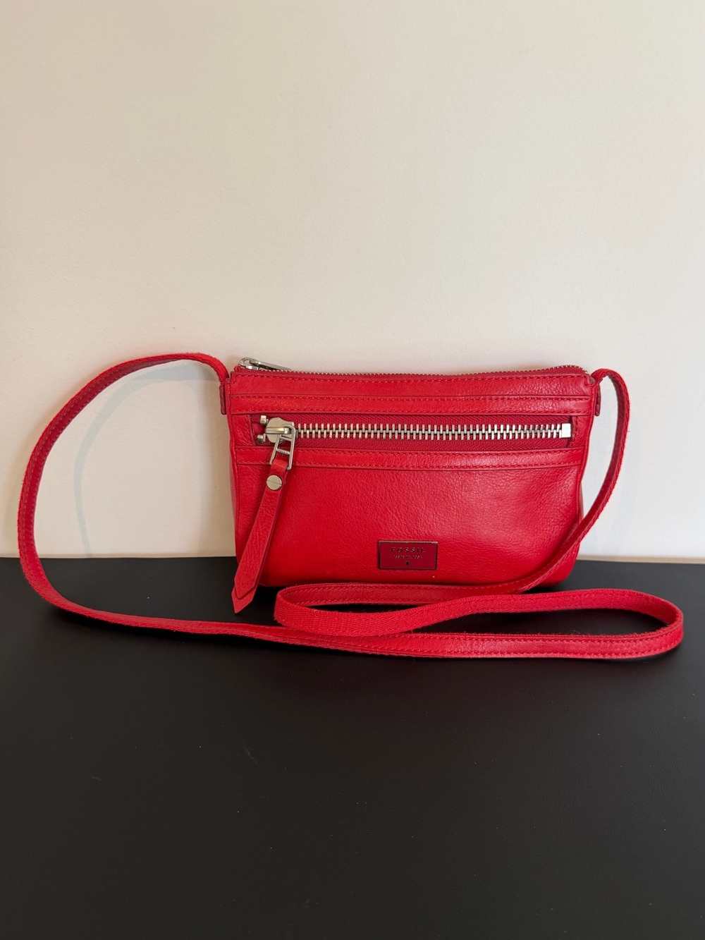 Fossil Red Leather Crossbody Small Shoulder Bag Double Zip Issue No 1954
